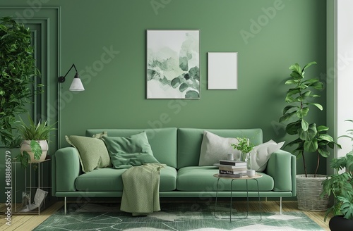 Elegant green living room with matching sofa and cushions, complemented by modern art and indoor plants.