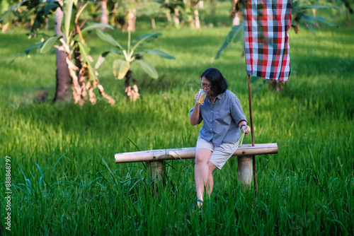 Woman enjoying cold tea in the breezy rice field in the afternoon photo