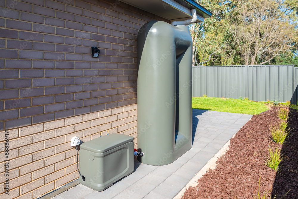 Rain water tank with pump box connected on the backyard of new suburban house in South Australia Rain water tank with pump box connected on the backyard of new suburban house in South Australia