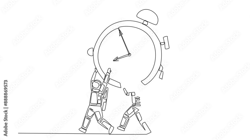 Self drawing animation of single continuous line drawing group of astronauts work together carrying alarm clock. Appreciate the time. Time is the greatest asset. Space expedition. Full length animated Self drawing animation of single continuous line drawing group of astronauts work together carrying alarm clock. Appreciate the time. Time is the greatest asset. Space expedition. Full length animated
