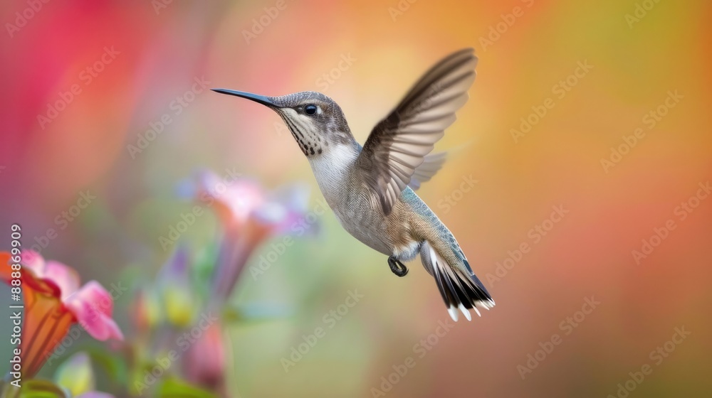Fototapeta premium Photograph of a tiny hummingbird hovering in mid-air, its delicate wings beating rapidly as it sips nectar from a flower, showcasing the wonders of nature's smallest bird.