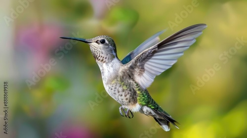 Photograph of a tiny hummingbird hovering in mid-air, its delicate wings beating rapidly as it sips nectar from a flower, showcasing the wonders of nature's smallest bird.