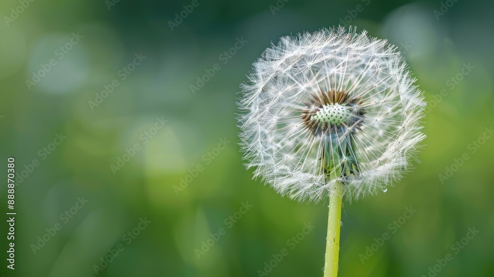 Fototapeta premium Dandelion s cap in white against green background