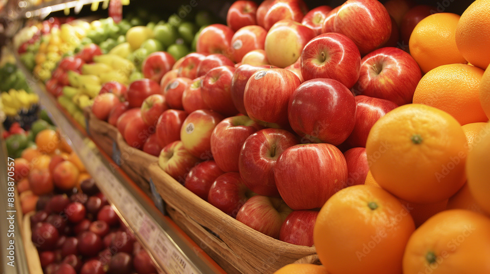 A blur grocery store filled with fresh produce, including apples and oranges
A blur grocery store filled with fresh produce, including apples and oranges