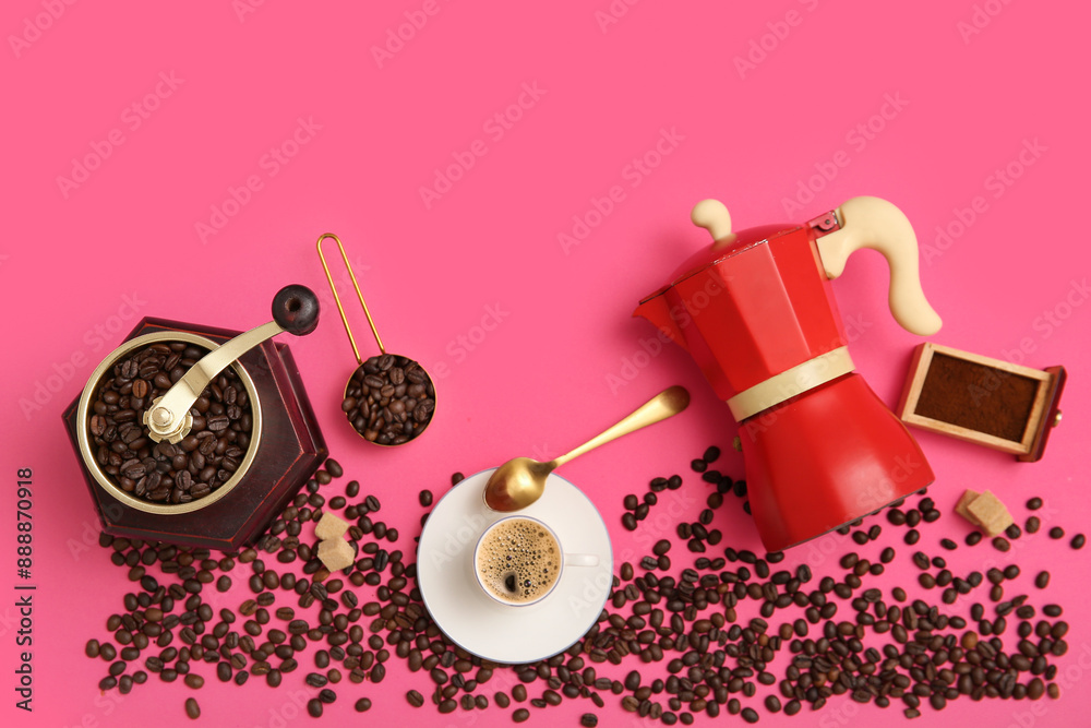 Geyser coffee maker with grinder, cup and beans on pink background Geyser coffee maker with grinder, cup and beans on pink background