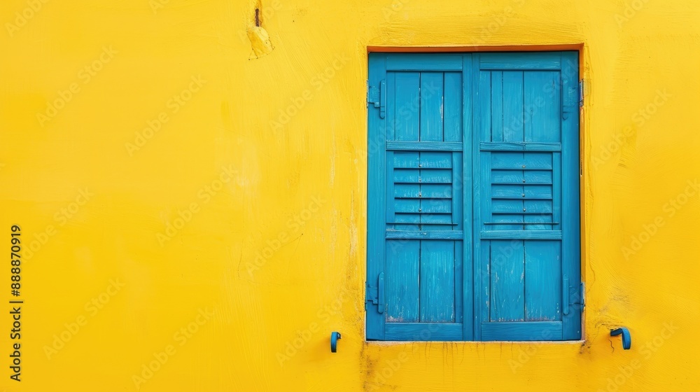 Decorated blue window on yellow wall with space for text and design Decorated blue window on yellow wall with space for text and design