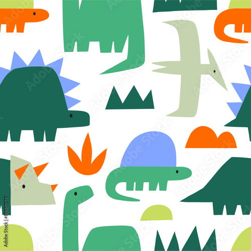 Cute dinosaur in cartoon style. Bold, simple form, trendy colors. Childish flat vector illustration. Dino seamless pattern