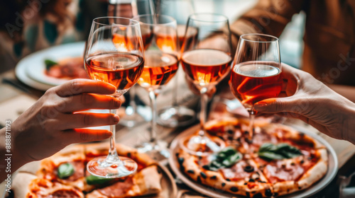 Friends from around the world toasting with glasses of wine while enjoying authentic Italian pizza in