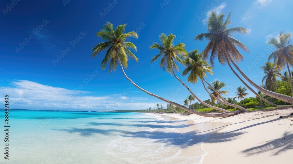 Photograph of a vibrant summer scene with towering palm trees swaying gently in the breeze on a pristine Mexican beach, with turquoise waters and soft white sand Photograph of a vibrant summer scene with towering palm trees swaying gently in the breeze on a pristine Mexican beach, with turquoise waters and soft white sand