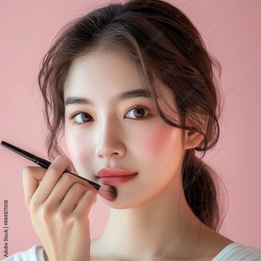 Obraz premium Young Asian woman with Contour and Highlight makeup sample,Young beautiful womman applying makeup using a brush,Professional Contouring face make-up over,Make up woman face.