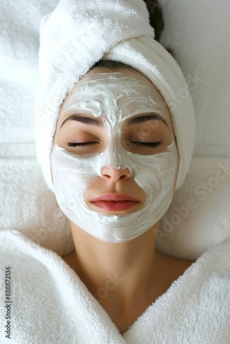 Woman relaxing with a facial mask in a spa setting.