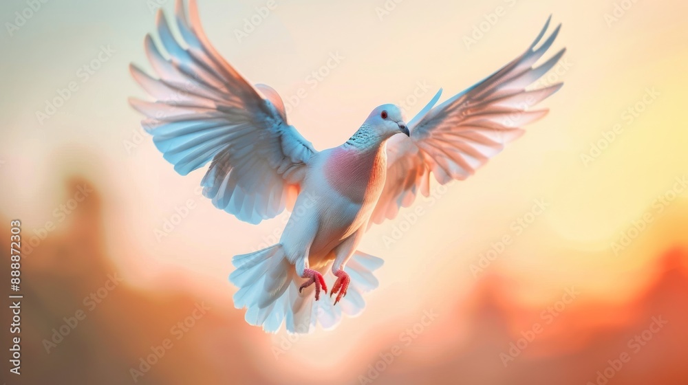 Obraz premium White Dove Flying at Sunset.