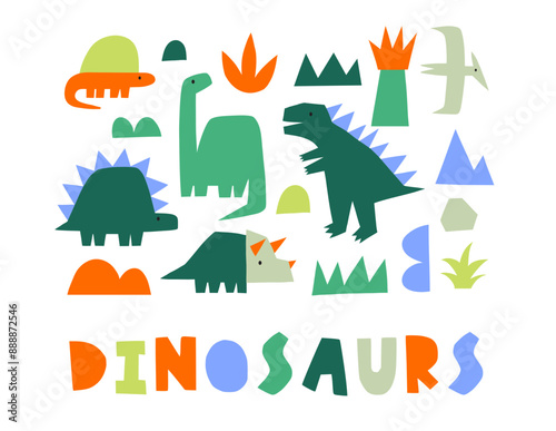 Cute dinosaur in cartoon style. Bold, simple form, trendy colors. Childish flat vector illustration