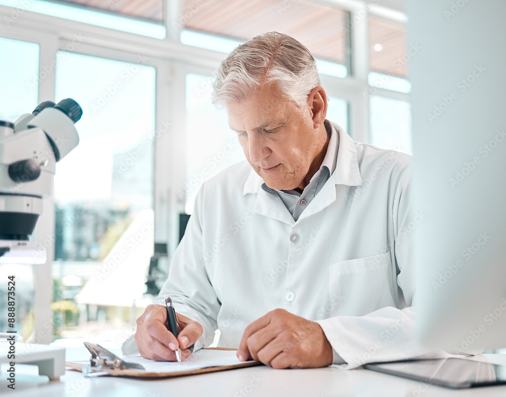 Mature man, scientist and writing in lab for medicine notes, information and experiment results of study. Male person, paper and checklist, medical analysis or investigation report of pharmaceutical Mature man, scientist and writing in lab for medicine notes, information and experiment results of study. Male person, paper and checklist, medical analysis or investigation report of pharmaceutical