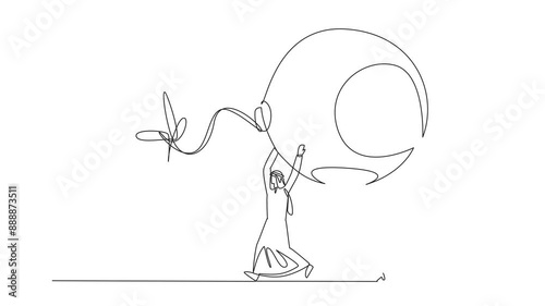 Animation of a continuous one line drawing a group of Arab businessmen and Arab businesswomen working together carrying a book. Work hard together. Adding insight. Wiser. Full length motion photo