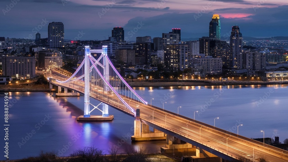 Fototapeta premium A stunning nighttime view of a magnificent, elongated bridge illuminated by vibrant, shimmering lights