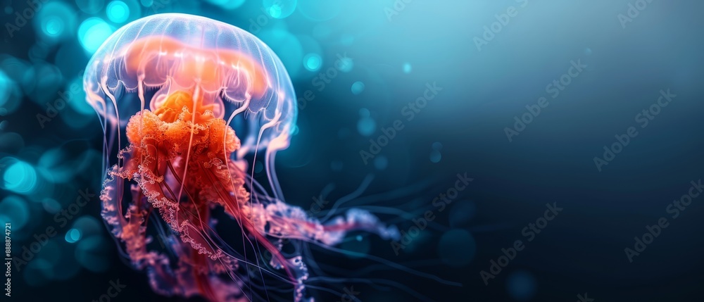A tight shot of a jellyfish against a blue-black backdrop, its form softly focused as the surrounding waters blur A tight shot of a jellyfish against a blue-black backdrop, its form softly focused as the surrounding waters blur
