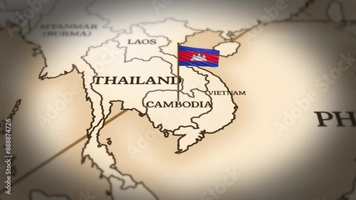 Cambodia flag showing on world map with 3D rendering photo