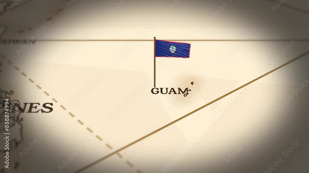 Guam flag showing on world map with 3D rendering