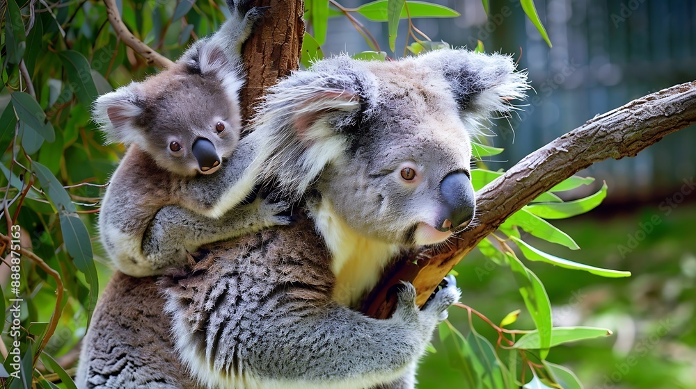 Mother koala on a eucalyptus tree nursing her young on her back Mother koala on a eucalyptus tree nursing her young on her back