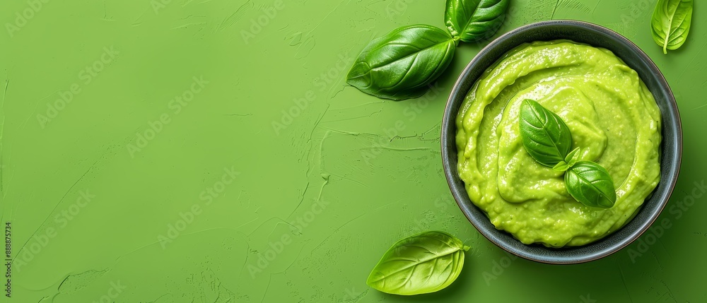 Obraz premium A bowl of guacamole atop a table, near a verdant green wall, and a pair of scissors nearby