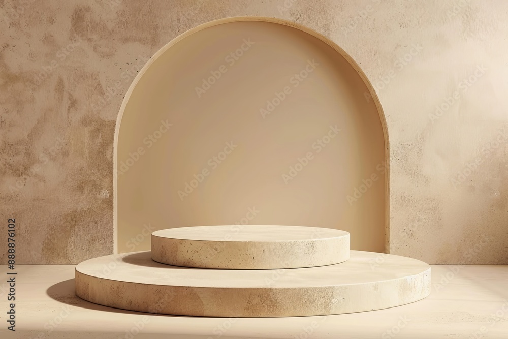 Product Podium - Beige Stone Podium, Beige Background. 3D Illustration, Generative AI Product Podium - Beige Stone Podium, Beige Background. 3D Illustration, Generative AI