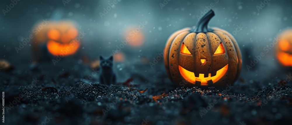 A group of jack-o-lanterns atop a field A cat sits in front A group of jack-o-lanterns atop a field A cat sits in front
