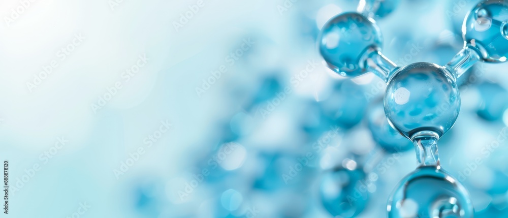 A collection of water droplets suspended from a blue glass bead chain against a light blue backdrop A collection of water droplets suspended from a blue glass bead chain against a light blue backdrop