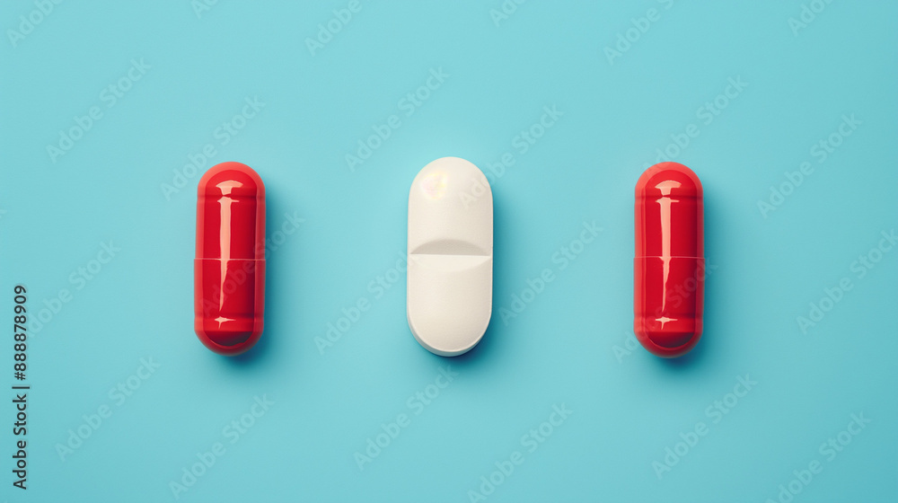 A minimalistic image featuring two red capsules and one white tablet arranged in a straight line on a vibrant blue background. The image symbolizes medicine, healthcare, and pharmaceutical products A minimalistic image featuring two red capsules and one white tablet arranged in a straight line on a vibrant blue background. The image symbolizes medicine, healthcare, and pharmaceutical products