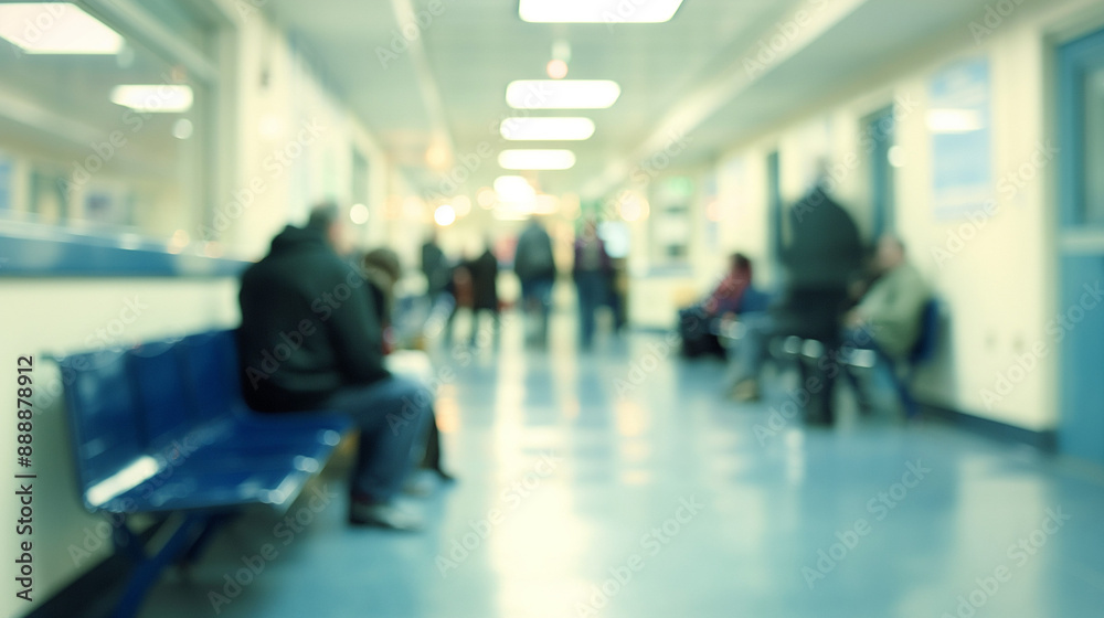 A blurred background showing the interior of a modern hospital with an empty long corridor. The waiting room for patients and families is between the corridor, with bright white lights A blurred background showing the interior of a modern hospital with an empty long corridor. The waiting room for patients and families is between the corridor, with bright white lights