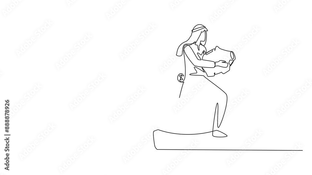 Animation of a single continuous line drawing an Arabian businessman running while carrying a piggy bank with coins scattered around. Running to save profits. Can't suffer losses. Full length motion Animation of a single continuous line drawing an Arabian businessman running while carrying a piggy bank with coins scattered around. Running to save profits. Can't suffer losses. Full length motion