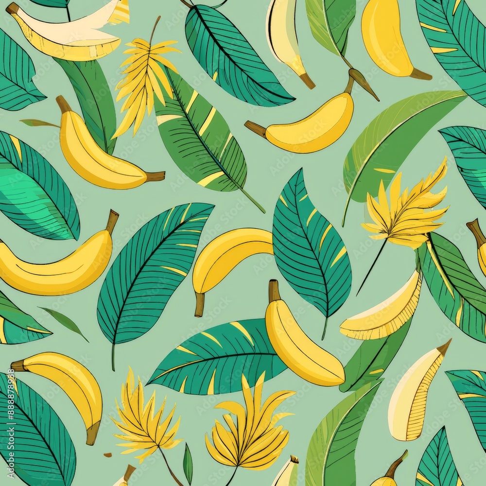 Obraz premium Seamless pattern of bananas and banana leaves, Generative Ai