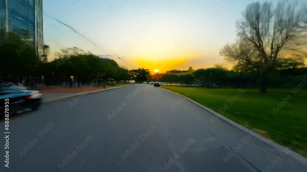 POV driving through city streets at sunset towards a park with a pond reflecting the golden sunset POV driving through city streets at sunset towards a park with a pond reflecting the golden sunset
