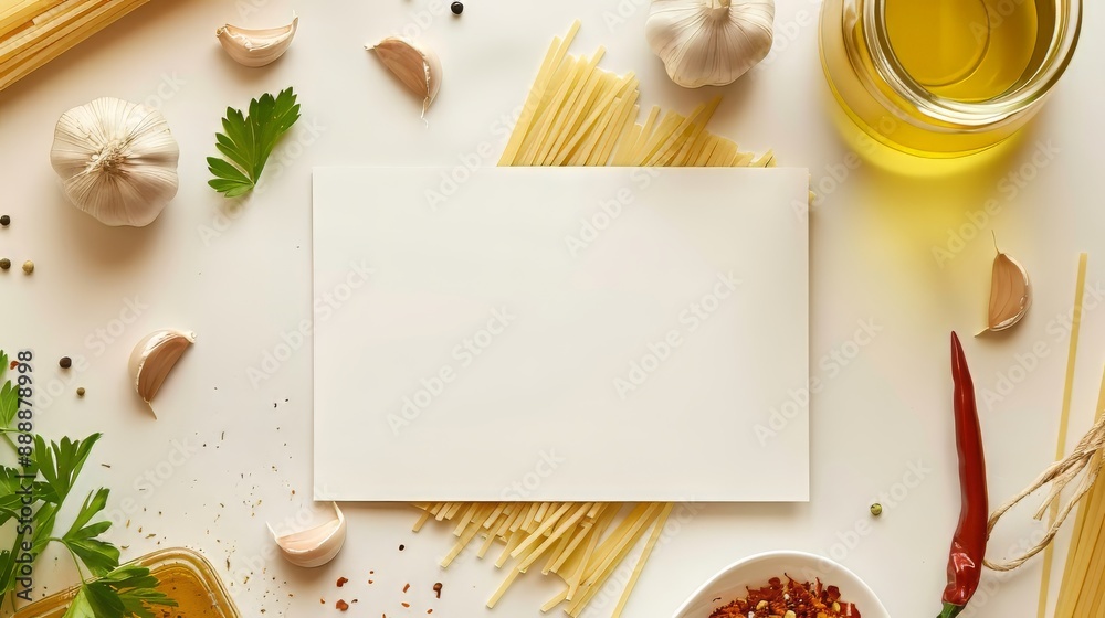 Empty white card with spaghetti, garlic, olive oil, chili flakes, parsley Empty white card with spaghetti, garlic, olive oil, chili flakes, parsley