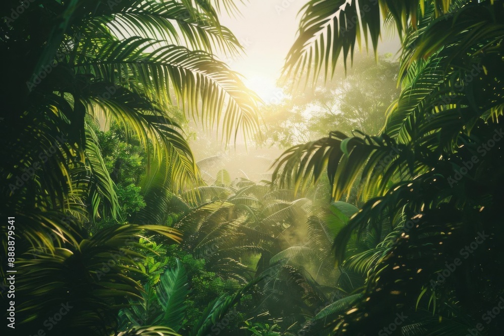Lush tropical rainforest with sunlight streaming through the canopy, creating a serene and majestic scenery. Lush tropical rainforest with sunlight streaming through the canopy, creating a serene and majestic scenery.