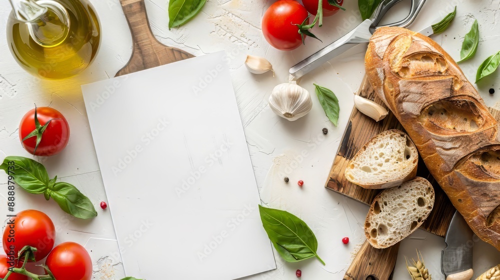 Empty white card with baguette, tomatoes, garlic, basil, olive oil Empty white card with baguette, tomatoes, garlic, basil, olive oil