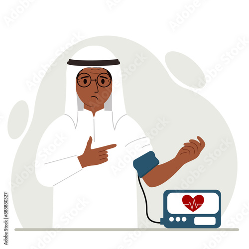 Man checks blood pressure. healthcare concept. Blood pressure measurement, digital tonometer. Health monitoring. Vector flat illustration.
