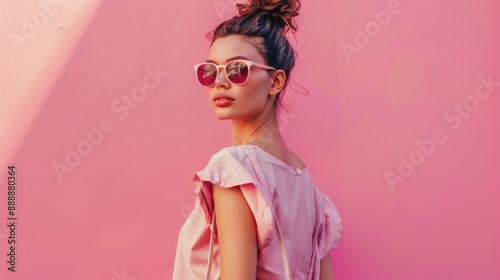 A stylish woman, walking with a shopping bag on her arm