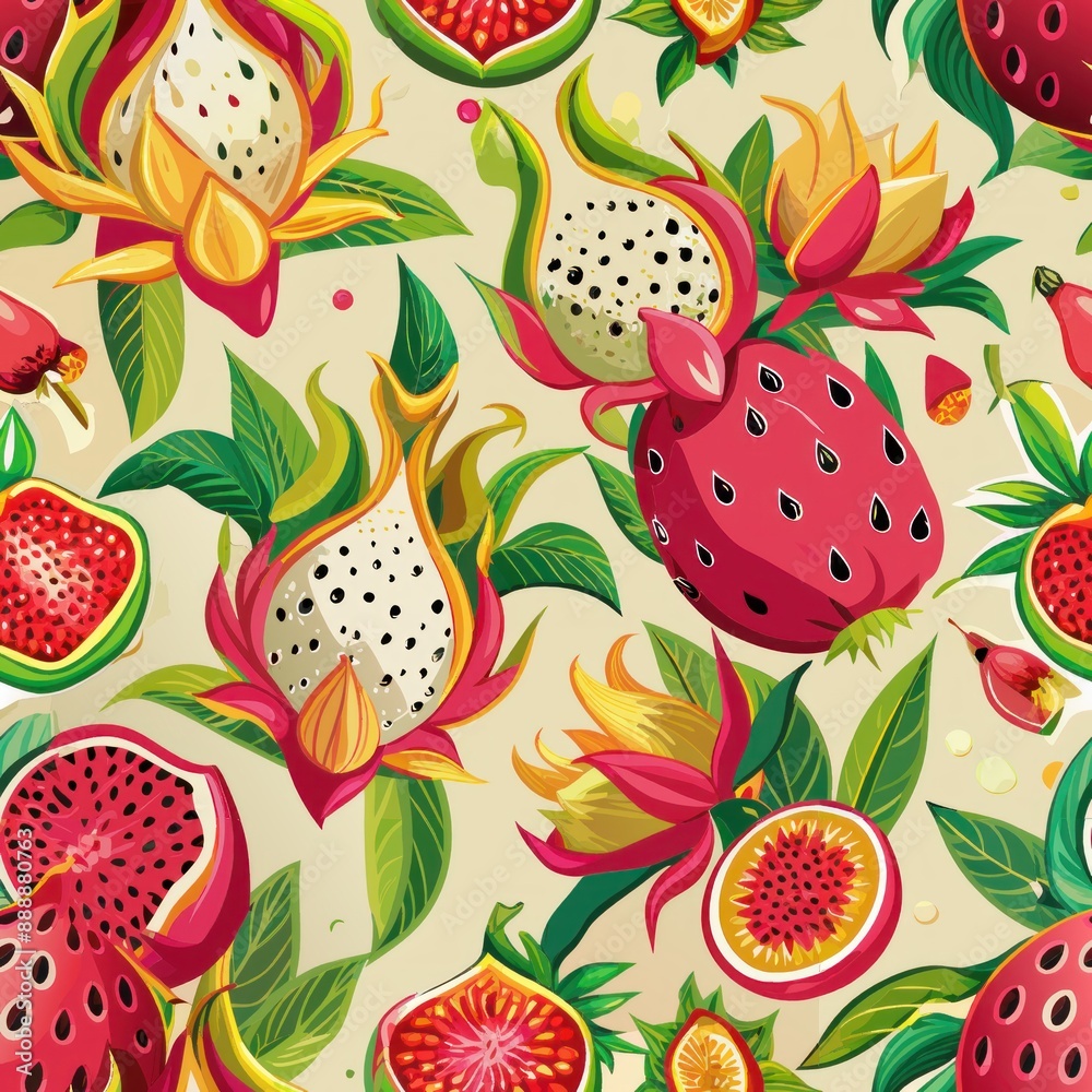 Seamless pattern of exotic dragon fruits and flowers, Generative AI Seamless pattern of exotic dragon fruits and flowers, Generative AI
