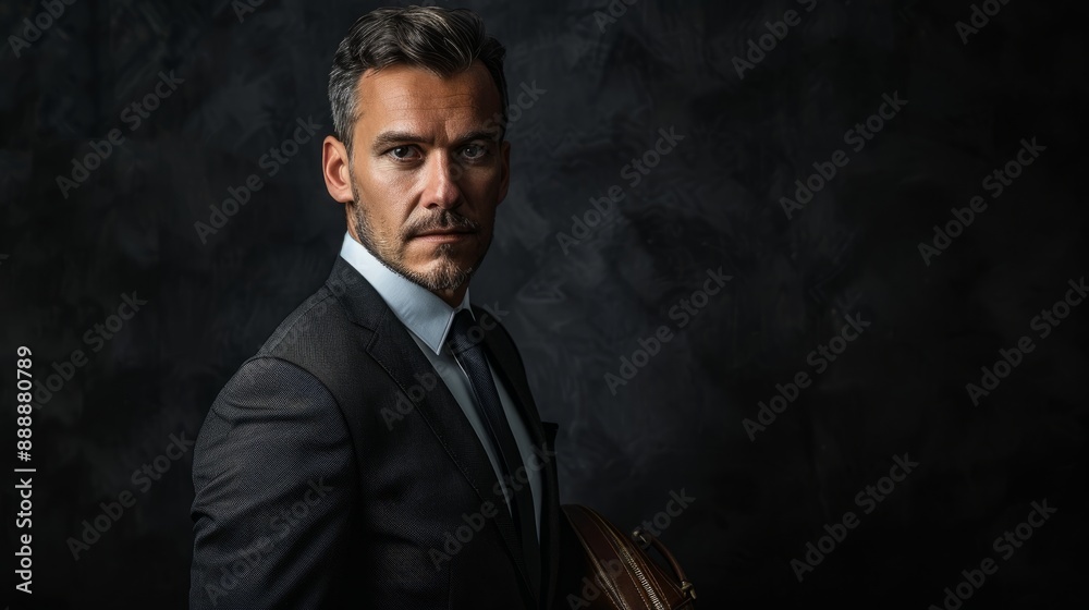 Person with suit and briefcase, black background Person with suit and briefcase, black background