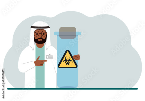 A arab male doctor or scientist is holding a test tube with a biohazard or virus warning label on it. Biological hazard. Vector flat illustration