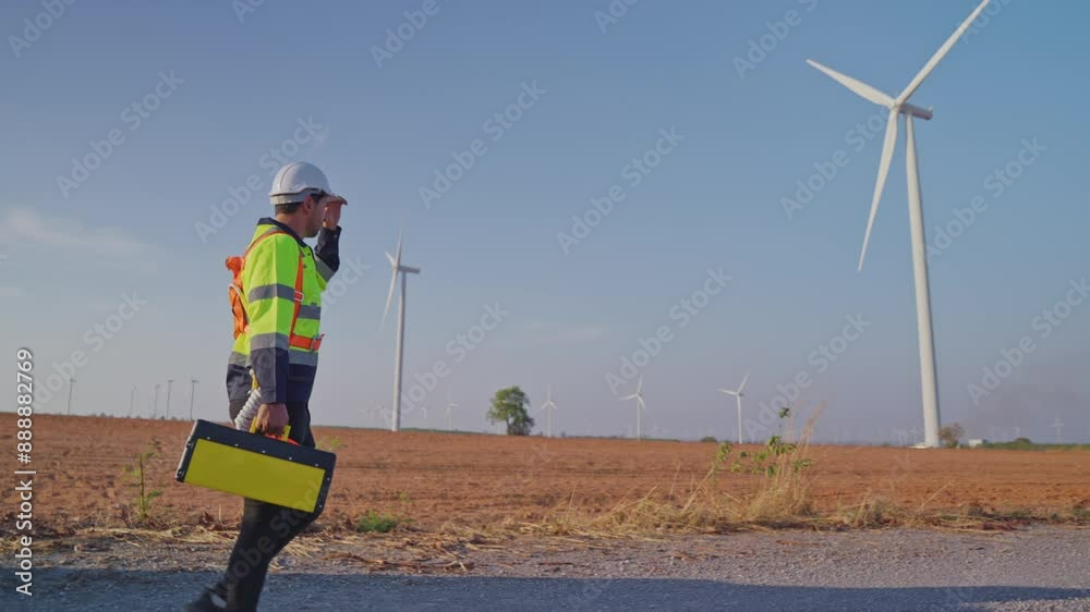custom made wallpaper toronto digitalCaucasian male technician walking outdoors in the wind turbines field.