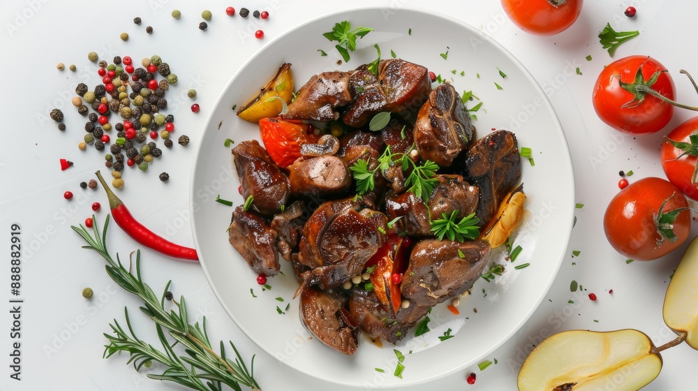 Delicious baked chicken liver hearts with vegetables and fresh pear top view on white background Delicious baked chicken liver hearts with vegetables and fresh pear top view on white background