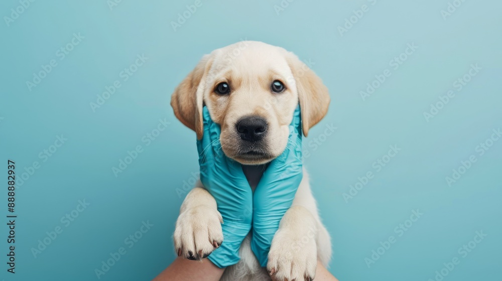 A person wearing blue gloves gently holding the dog A person wearing blue gloves gently holding the dog
