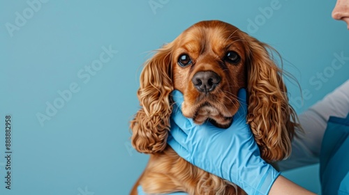 A person wearing blue gloves gently holding the dog