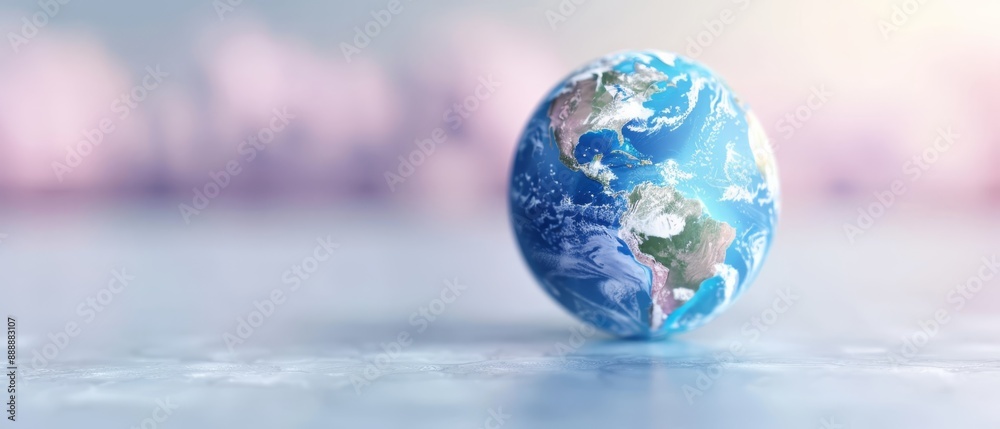 A tight shot of a blue-and-white Earth globe against a white backdrop, surrounded by a soft pink-blue haze A tight shot of a blue-and-white Earth globe against a white backdrop, surrounded by a soft pink-blue haze