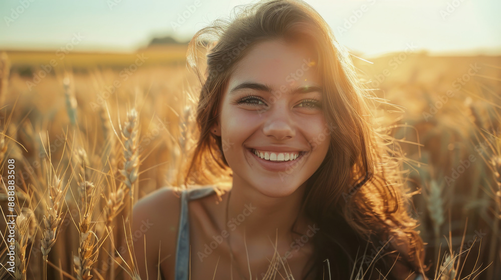 A beautiful young woman smiling happily at the camera in a wheat field