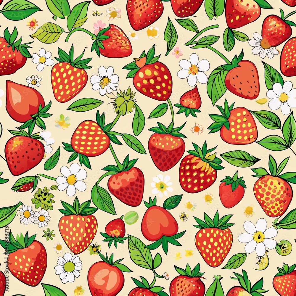 Seamless pattern of ripe strawberries and blossoms, Generative AI Seamless pattern of ripe strawberries and blossoms, Generative AI