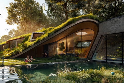 House in the ground with grassroof, pool, children playing in the garden
