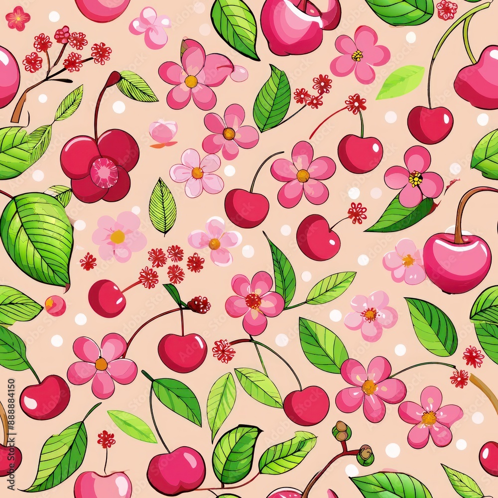 Seamless pattern of sweet cherries and cherry blossoms, Generative AI Seamless pattern of sweet cherries and cherry blossoms, Generative AI